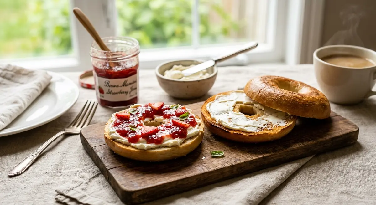 Toasted Bagel Strawberry Jam Light Cream Cheese